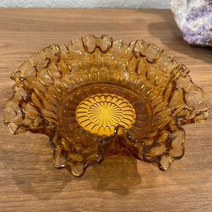 Vintage Amber Glass Fenton Style Ruffle Thumbprint Bowl